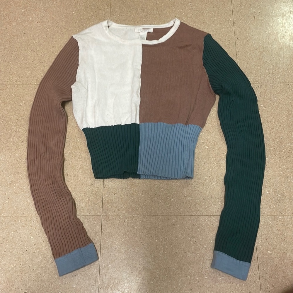 Tillys Color Block Womens Sweater; brown white blue & green cropped long sleeve